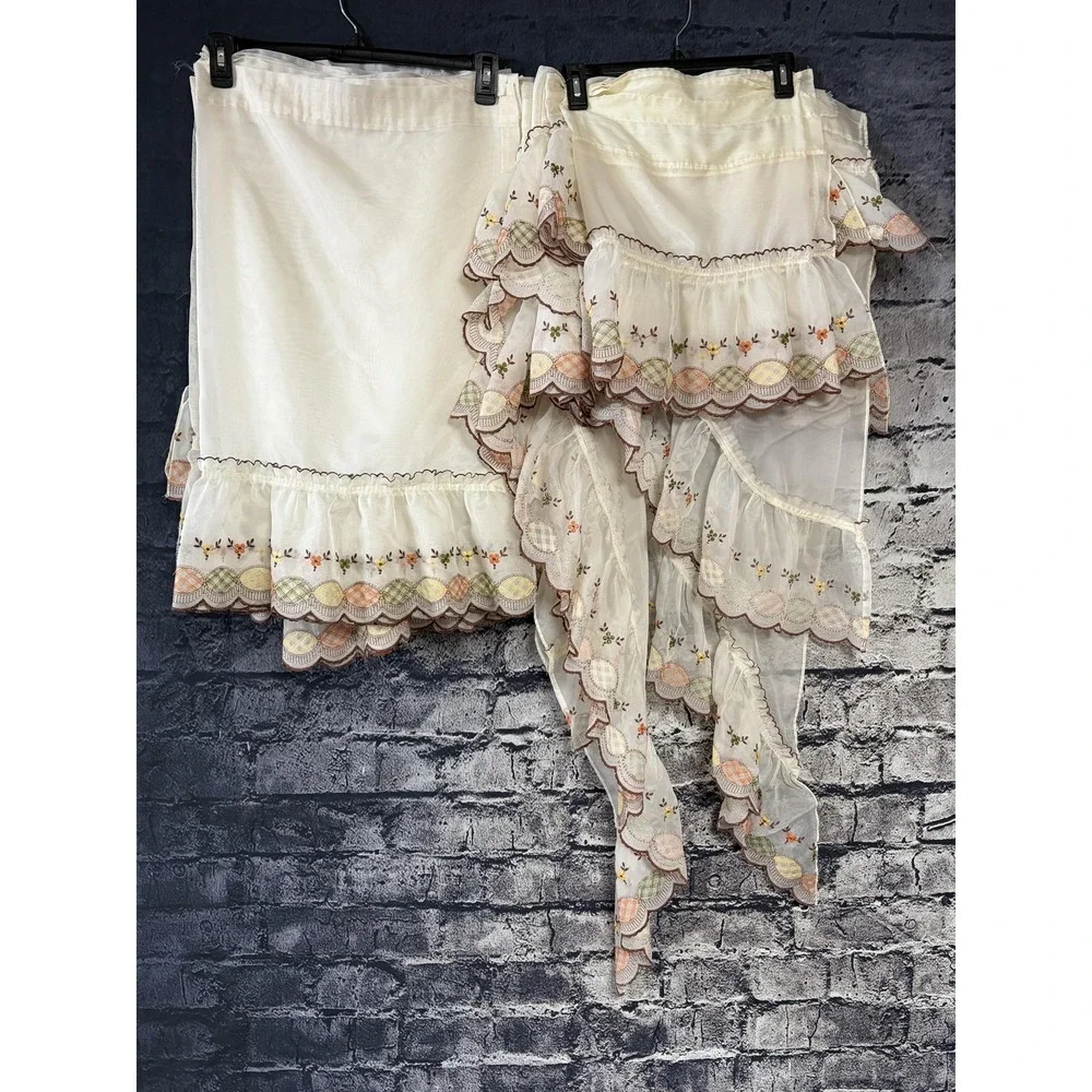 Embroidered Sheer Café Tier Curtains 17pc White Floral‎ Scalloped Country Set